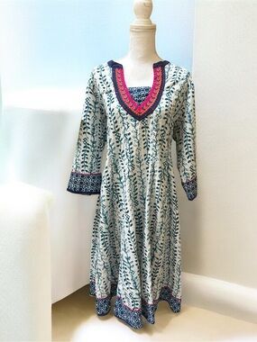 Vtg Alto Moda by Pantaloons Blue Botanical Batik Print Embroidered V Neck Caftan